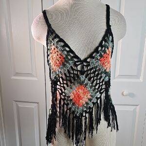 ViVID Crochet Fringe Camisole - Black, Orange, Green. Size Large.